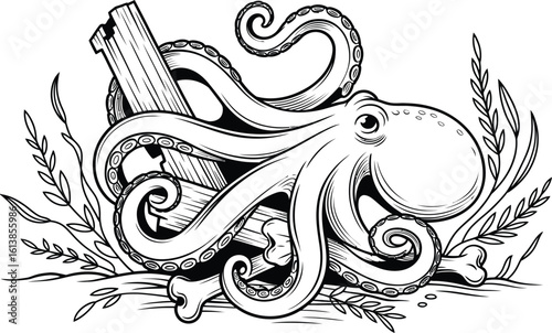 Octopus with tentacles around driftwood and seaweed