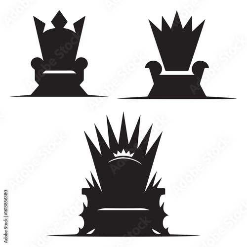 Three black throne silhouettes with different crown designs on white