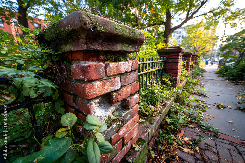 Obraz premium Overgrown Brick Wall and Metal Fence Along a City Sidewalk