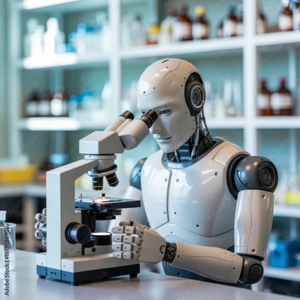 Fototapeta premium Humanoid robot examines sample with microscope science