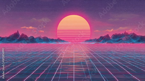 Synthwave scene with grid plane, mountains, sunset in a vaporwave aesthetic