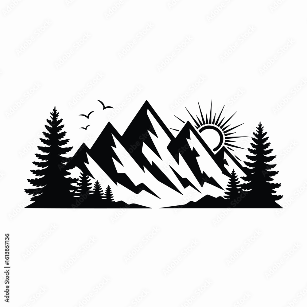 Obraz premium Silhouette Mountain Landscape with Trees and Birds at Sunset