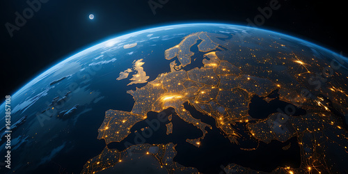 Earth at night view of europe illuminated by city lights