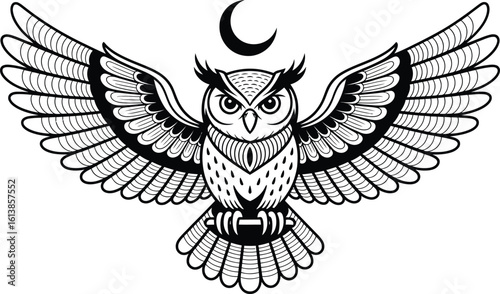 Black and white owl with crescent moon and spread wings