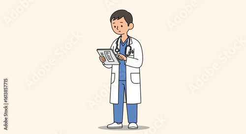 Male Scientist with Tablet and Stethoscope – Medical Laboratory Cartoon Vector

