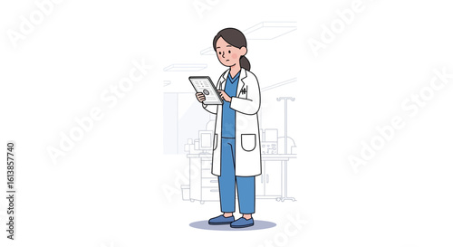 Female Scientist Using Digital Tablet in Lab – Technology Science Cartoon Vector

