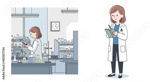 Female Scientist Writing Notes in Chemistry Laboratory – Research Cartoon Vector

