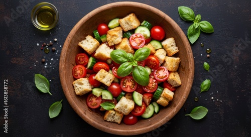 Fresh salad of croutons, tomatoes, and cucumber