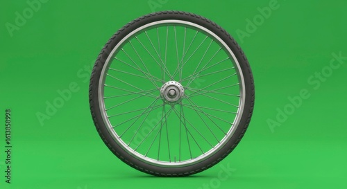 A close-up shot of a bicycle wheel with black tire and silver spokes against a vibrant green backdrop