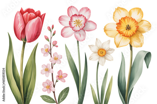 Pink tulip yellow daffodils and cherry blossoms watercolor floral elements image