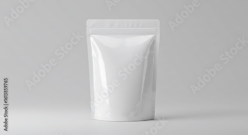 Wallpaper Mural A blank white glossy stand-up pouch with a zip seal, presented as a product packaging mockup against a light grey background. Torontodigital.ca