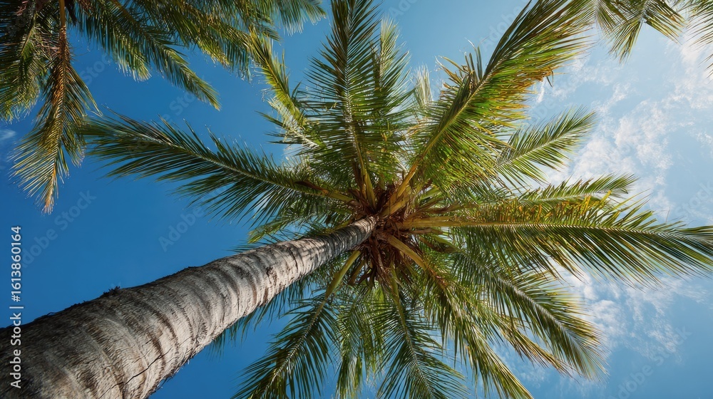 Naklejka premium Palm tree canopy against vibrant blue sky