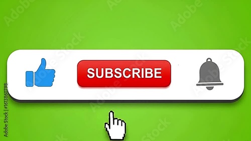 A youtube subscribe reminder with like button bell icon and hand cursor on a green background image