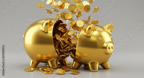 A golden piggy bank breaks open, releasing a shower of gold coins.  Wealth, abundance, and prosperity are visually depicted