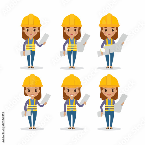 Vector character set of a female civil engineer or architect. Woman in a hard hat and safety vest holding construction blueprints in different poses.