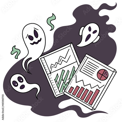 Spooky statistics playful ghosts haunt financial reports and data charts with a mysterious aura