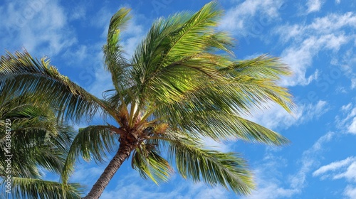 Wallpaper Mural Tropical palm tree with bright green fronds, blowing in a light breeze against a partly cloudy, vibrant blue sky Torontodigital.ca