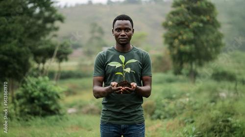 Two Hands Holding  a Young Green Plant as a Symbol of Growth, Sustainability, Cooperation, Hope, and Environmental Responsibility
