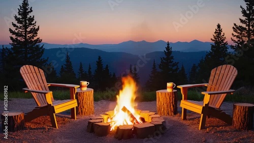 empty wooden adirondack chairs around campfire in mountain forest dusk video