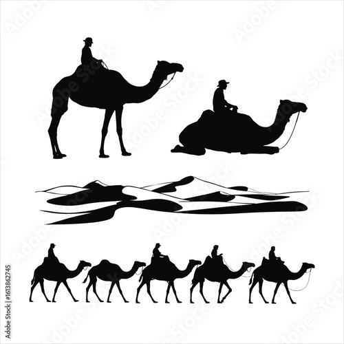 Black Camel Silhouettes with Riders and Desert Landscape