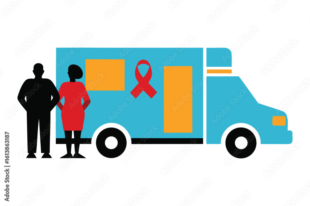 Silhouette Couple at Mobile HIV Clinic Van – Awareness Testing Campaign Vector Illustration Silhouette Couple at Mobile HIV Clinic Van – Awareness Testing Campaign Vector Illustration