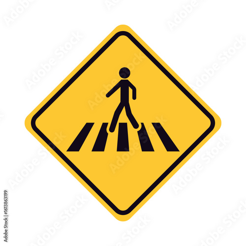 Pedestrian crossing warning sign icon. Yellow diamond-shaped traffic symbol with a figure walking on a crosswalk for road safety
