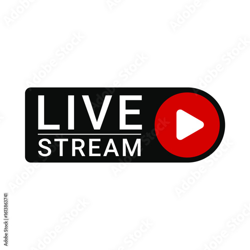 A black and red live stream button icon with a play symbol. Vector graphic for online broadcasting, video content, and web media.