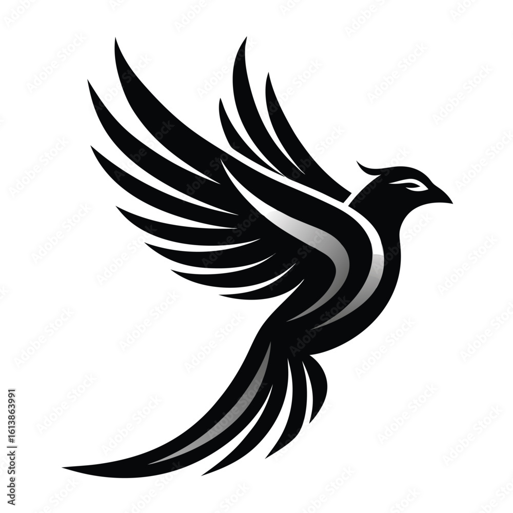 Obraz premium Create the silhouette of a bird in flight, with strong black lines on a white background