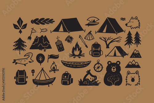 Whimsical hand drawn camping and nature icons