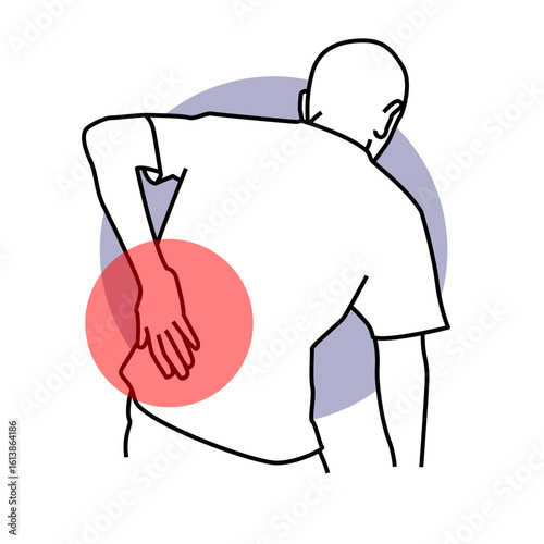 Minimalist line art illustration of a person suffering from lower back pain. A concept of muscle ache, spinal injury, and health problems.