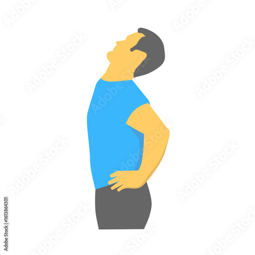 A man performs a standing backbend and neck extension stretch exercise for therapy, pain relief, and improved posture. Flat design.
