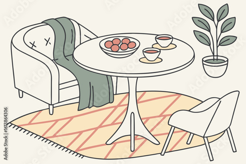 White tabletop set in a cozy living room scene with blurred decor, evoking comfort and everyday lifestyle, modern flat illustration style.