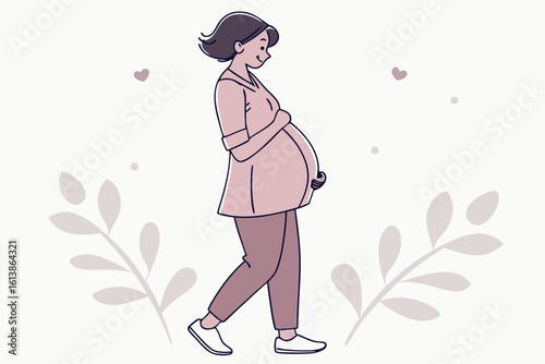 Pregnant woman in a pink outfit lovingly holds her baby bump, standing in soft light, reflecting joy and anticipation of motherhood, modern flat illustration style