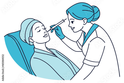 Woman receiving a botox injection near the eye in a clinical setting, emphasizing skincare and aesthetic procedures, modern flat illustration style.