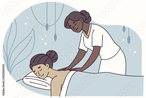 Woman relaxes during a professional massage session at a tranquil spa, promoting health and stress relief, modern flat illustration style.
