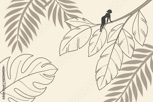 Soft beige background with layered translucent white leaves, showing their graceful forms and textures in a seamless pattern, modern flat illustration style.