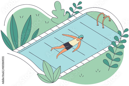 Swimmer trains in an outdoor pool doing butterfly stroke, showing athleticism and a healthy active lifestyle, modern flat illustration style.