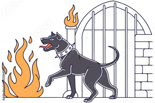 Three-headed Cerberus guards the gates of the underworld, a fierce mythical dog surrounded by fire, fantasy and mythology, modern flat illustration style.