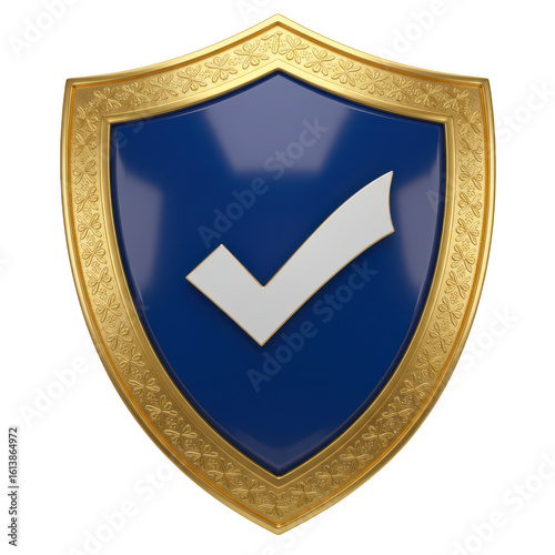 Blue shield with golden frame and white check mark isolated on transparent background