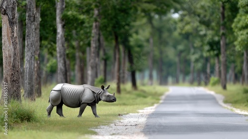 A black rhinoceros crosses the road amidst dense green forest vegetation, showcasing the beauty of wildlife in a natural setting