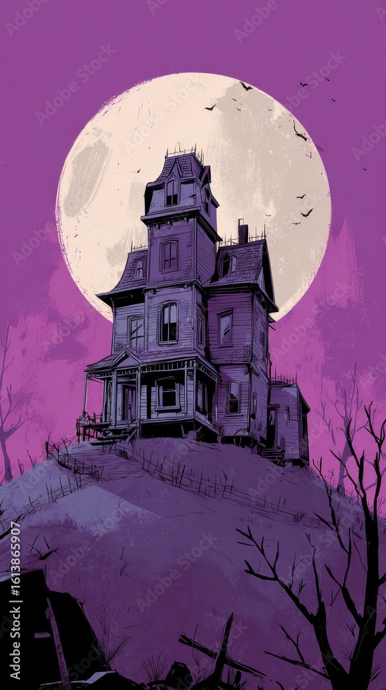 Fototapeta premium Haunted house illustration against a purple sky and a full moon shining behind it
