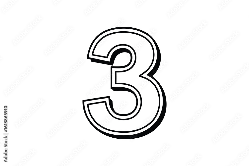 Fototapeta premium Bold Number Three with Double Outline and Shadow Effect on White Background silhouette bold number three