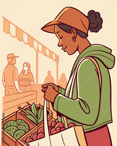 African American woman shopping for seasonal vegetables at a vibrant farmers market, holding a reusable bag, surrounded by fresh produce in warm daylight
