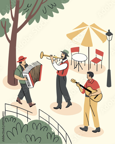 Trio of musicians performing lively music in a vibrant outdoor Biergarten, featuring accordion, trumpet, and guitar, while visitors enjoy the atmosphere and applaud enthusiastically
