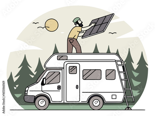 Man securing bright solar panel onto roof of clean white camper van, surrounded by trees and sun, showcasing sustainable energy and outdoor lifestyle with copy space