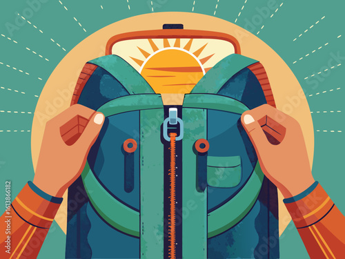 Hands zipping up a backpack made of recycled fabric, sunlight illuminating the stitching and texture, showcasing eco-friendly design and sustainable materials