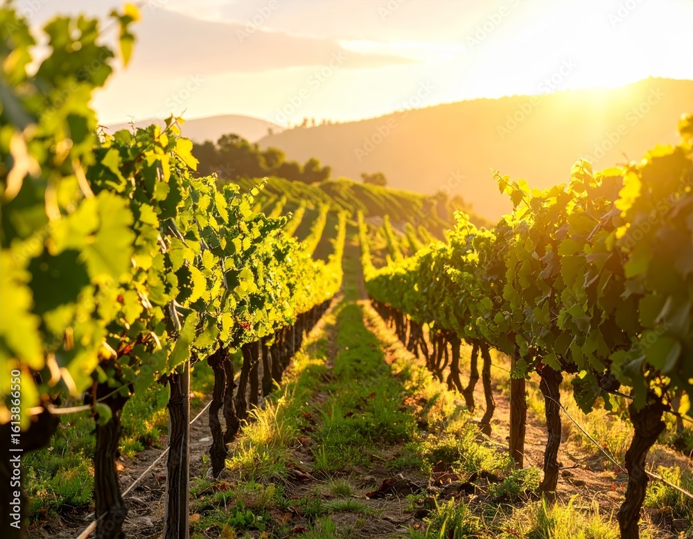 Naklejka premium Stone steps Through Sunlit Vineyard Rows on a Hillside