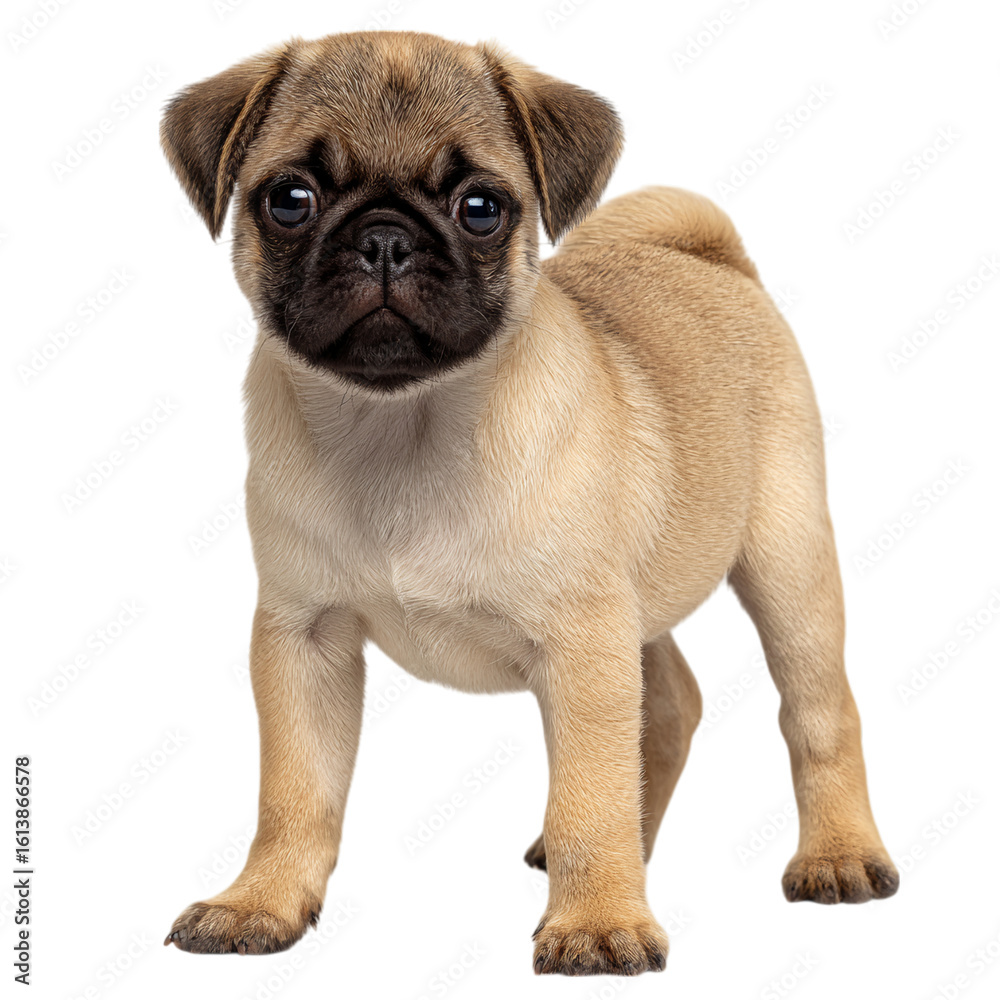 Fototapeta premium Photo of a fawn colored pug puppy stands attentively looking forward with a curious expression on its face isolated on transparent background