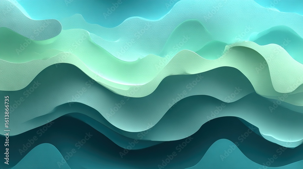 A digital rendering of a blue-green-white paper wave resembling a mountainous landscape A digital rendering of a blue-green-white paper wave resembling a mountainous landscape