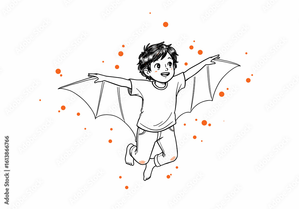 Obraz premium Boy with bat wings, playful costume, fantasy child illustration